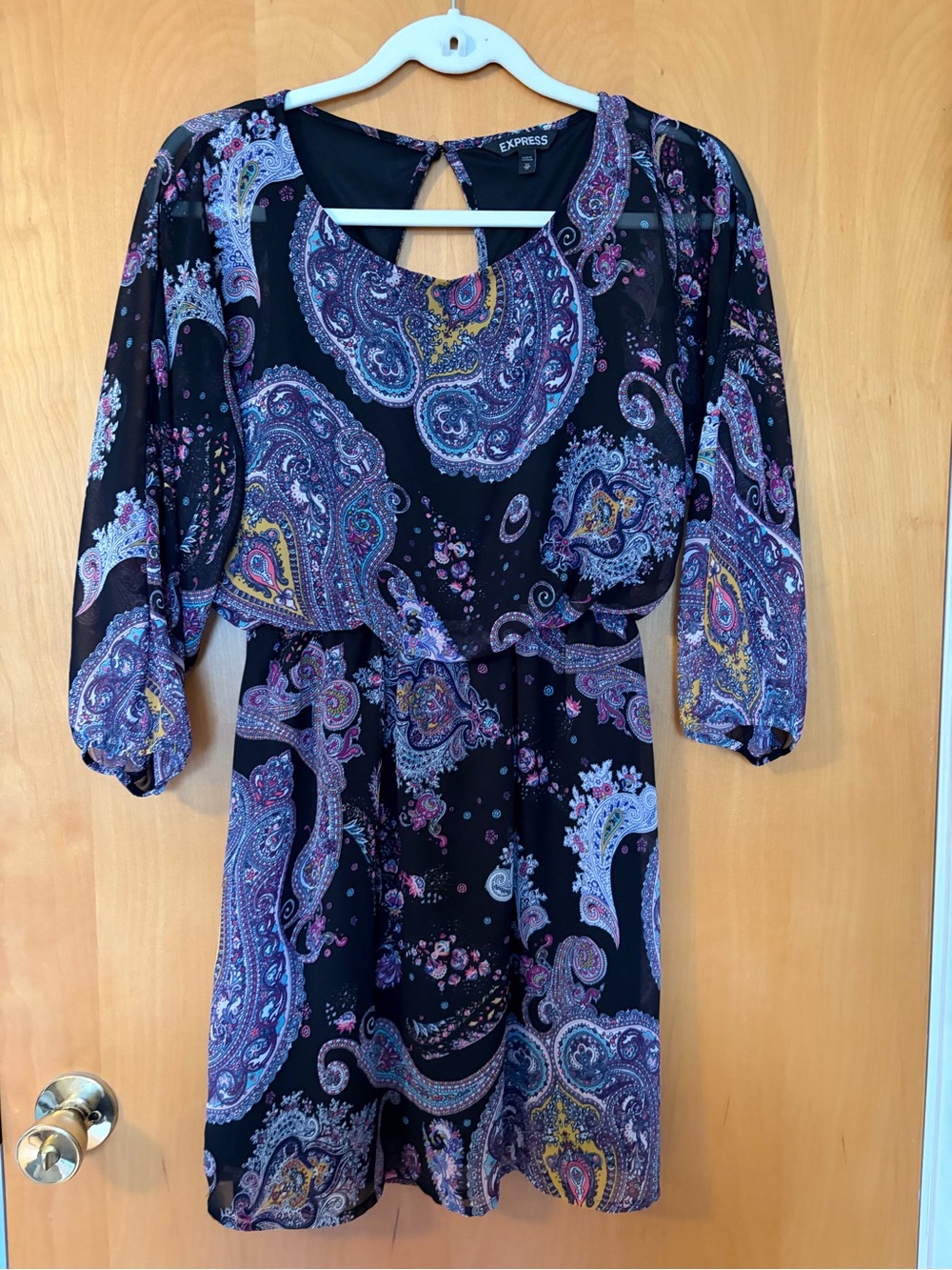 Express Black Paisley Midi Dress with Purple & Gold Accents